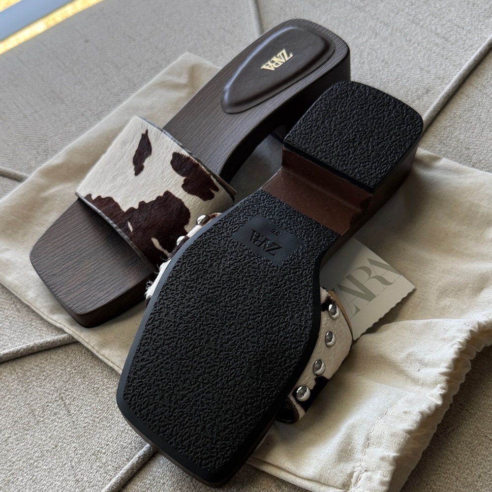 Zara Brown and White Cow-Print Slide Sandals - Picture 4 of 4